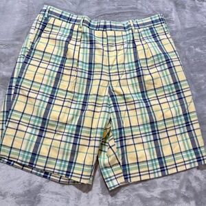 English Sports Shop Bermuda Plaid Pleated Mens Shorts Size 38 Cotton Vintage